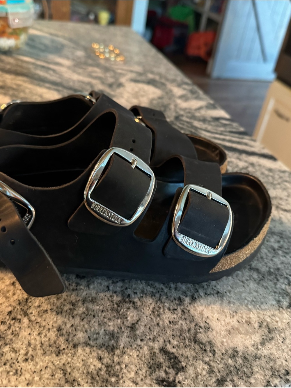 Birkenstock Black Double Buckle Sandals with Silver Hardware